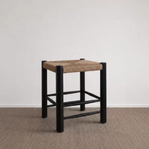Latitude Black Wood Stool with Woven Rattan Seat in black — front view