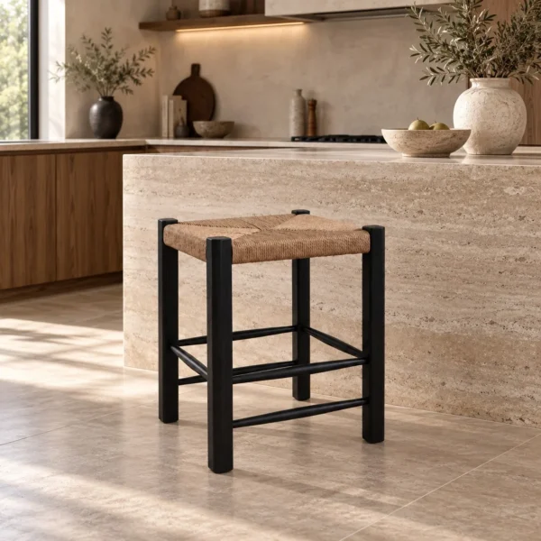Latitude Black Wood Stool with Woven Rattan Seat in black — in a room setting