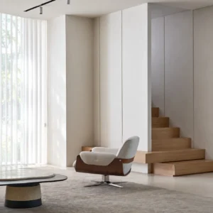 Bentwood Shell Swivel Lounge Chair in Cream Fabric — front view