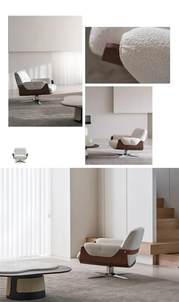 Bentwood Shell Swivel Lounge Chair in Cream Fabric — in a room setting