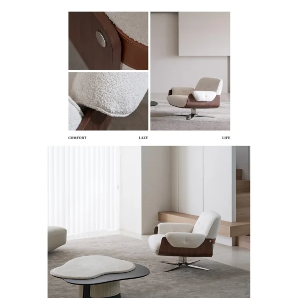 Bentwood Shell Swivel Lounge Chair in Cream Fabric — in a room setting
