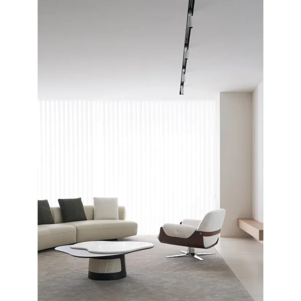 Bentwood Shell Swivel Lounge Chair in Cream Fabric — in a room setting