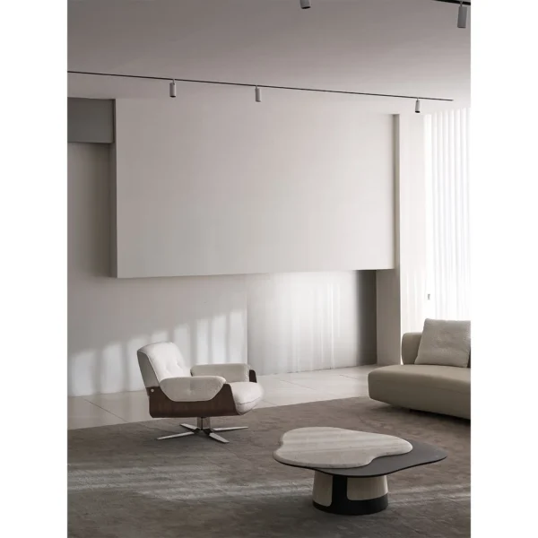 Bentwood Shell Swivel Lounge Chair in Cream Fabric — in a room setting
