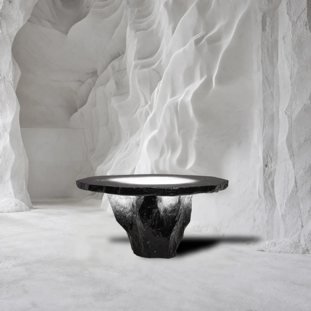 Lava Round Table with Rock-Textured Base in black — front view