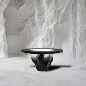 Lava Round Table with Rock-Textured Base in black — front view