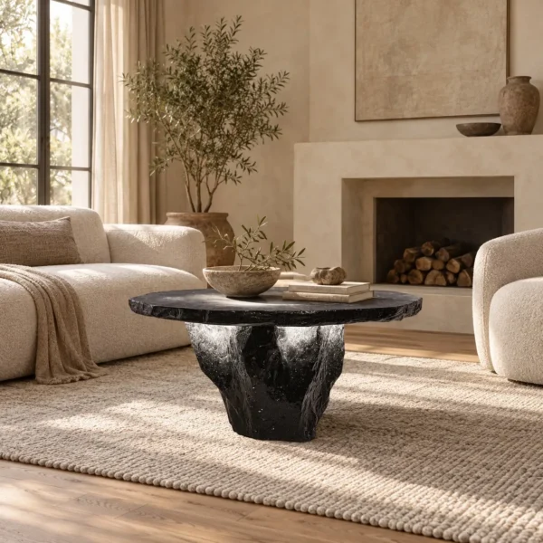 Lava Round Table with Rock-Textured Base in black — in a room setting