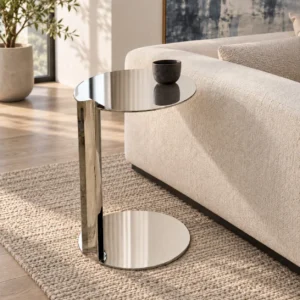 C-Shaped Mirror Steel Sofa Side Table in silver — front view
