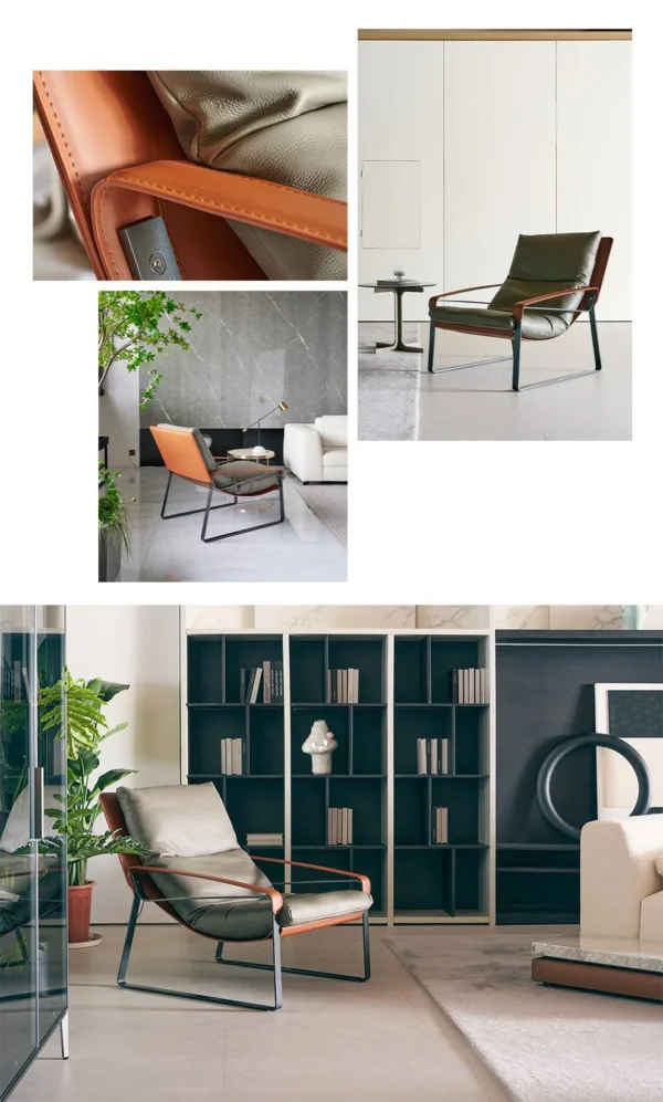 Lazy Lounge Chair in Black Leather on Ultra-Slim Wood Frame — in a room setting