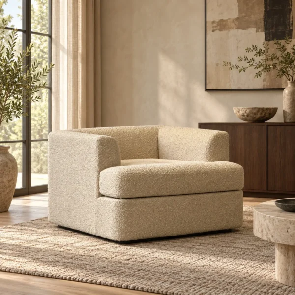Lazy Single Lounge Sofa in Cream Faux Shearling — in a room setting