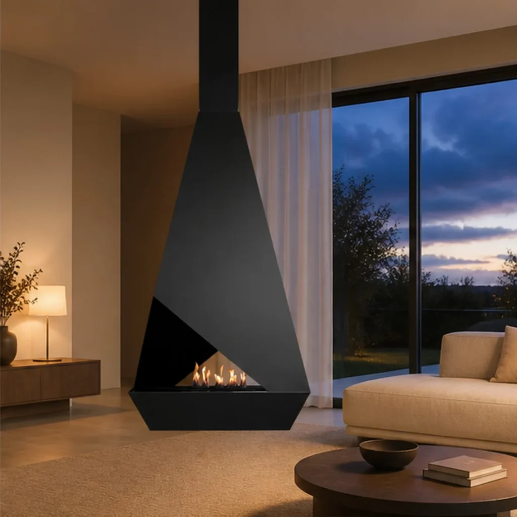 Leander Suspended Faceted Fireplace with Corner Opening in black — front view