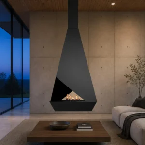 Leander Suspended Faceted Fireplace with Corner Opening in black — in a room setting