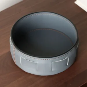 Round Leather Catch-All Tray in Deep Grey with Woven Detail — front view