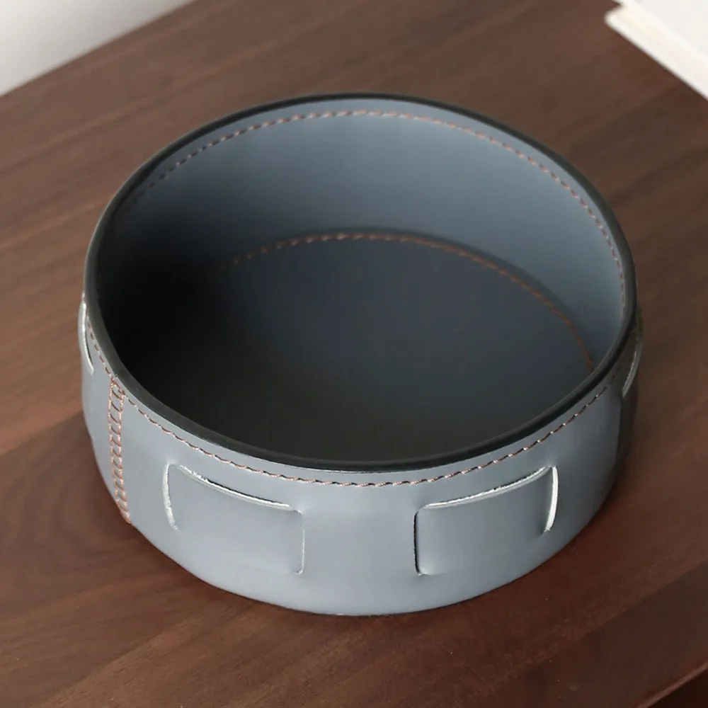 Round Leather Catch-All Tray in Deep Grey with Woven Detail — front view