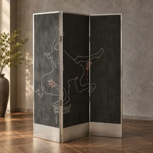Embroidered Leather Two-Panel Screen on Steel Base in slate — front view