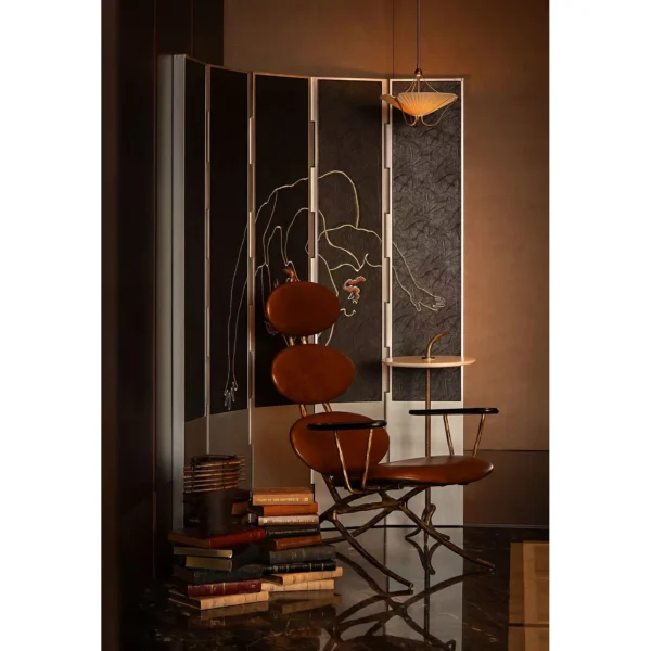 Embroidered Leather Two-Panel Screen on Steel Base in slate — in a room setting