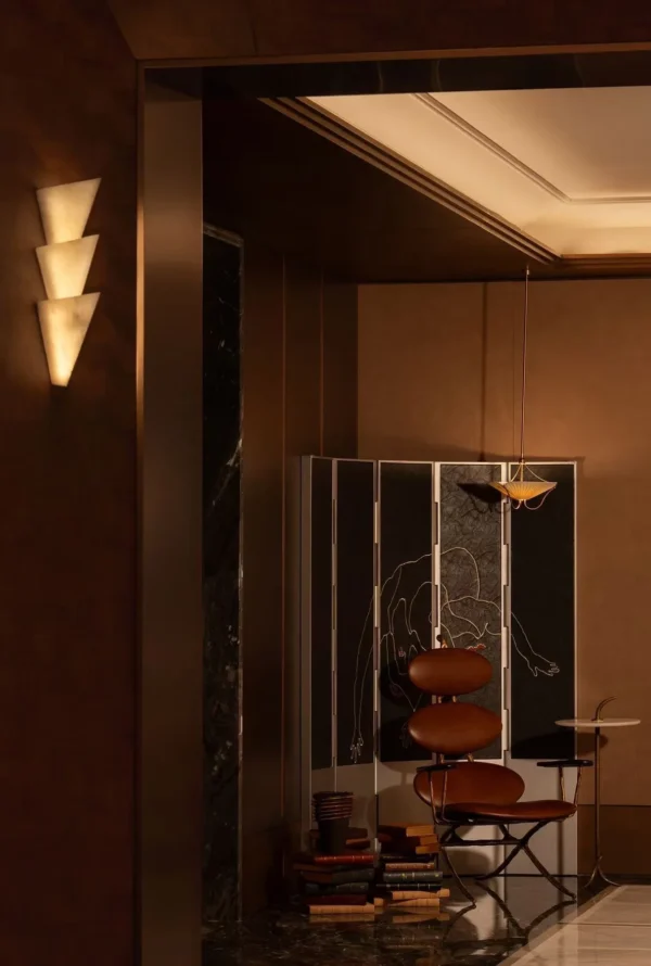 Embroidered Leather Two-Panel Screen on Steel Base in slate — in a room setting