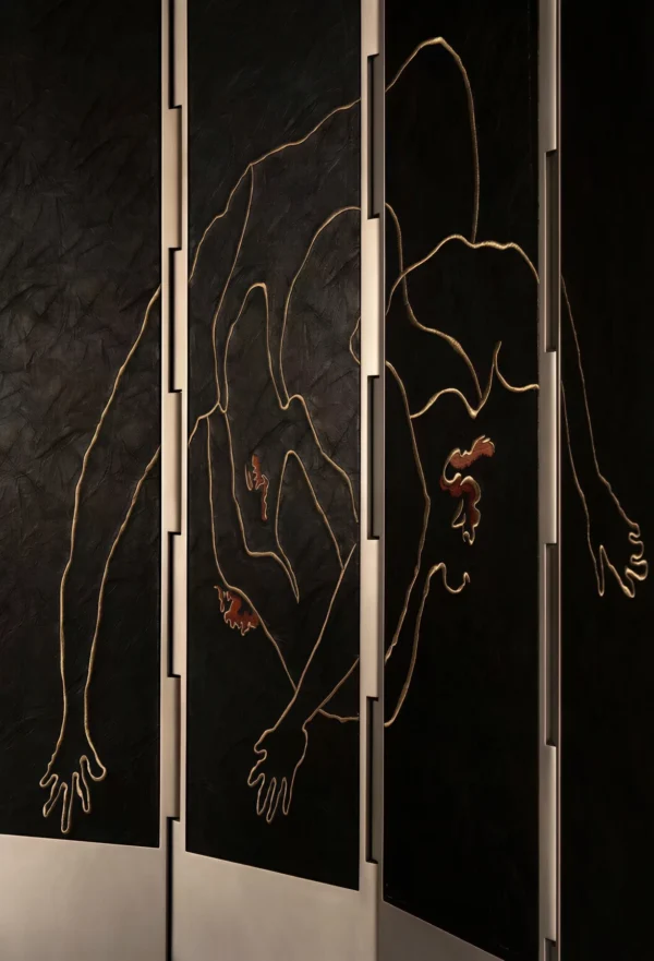 Embroidered Leather Two-Panel Screen on Steel Base in slate — in a room setting