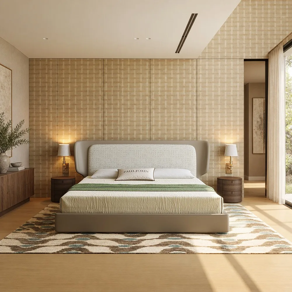 Leather and Linen Wide Headboard Italian Bed in oatmeal — front view