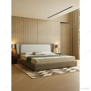 Leather and Linen Wide Headboard Italian Bed in oatmeal — in a room setting