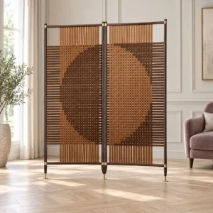 Woven Leather Geometric Screen in Wood Frame with Brass Feet — front view