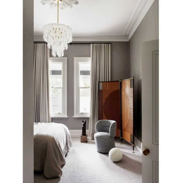 Woven Leather Geometric Screen in Wood Frame with Brass Feet — in a room setting