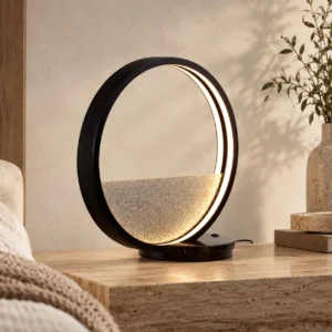Leather Halo Table Lamp with Textured Half Disc in black — front view