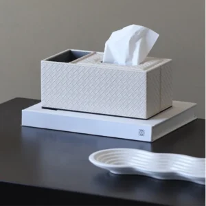 Woven Leather Tissue Box with Remote Storage, Beige or Grey in sand — front view