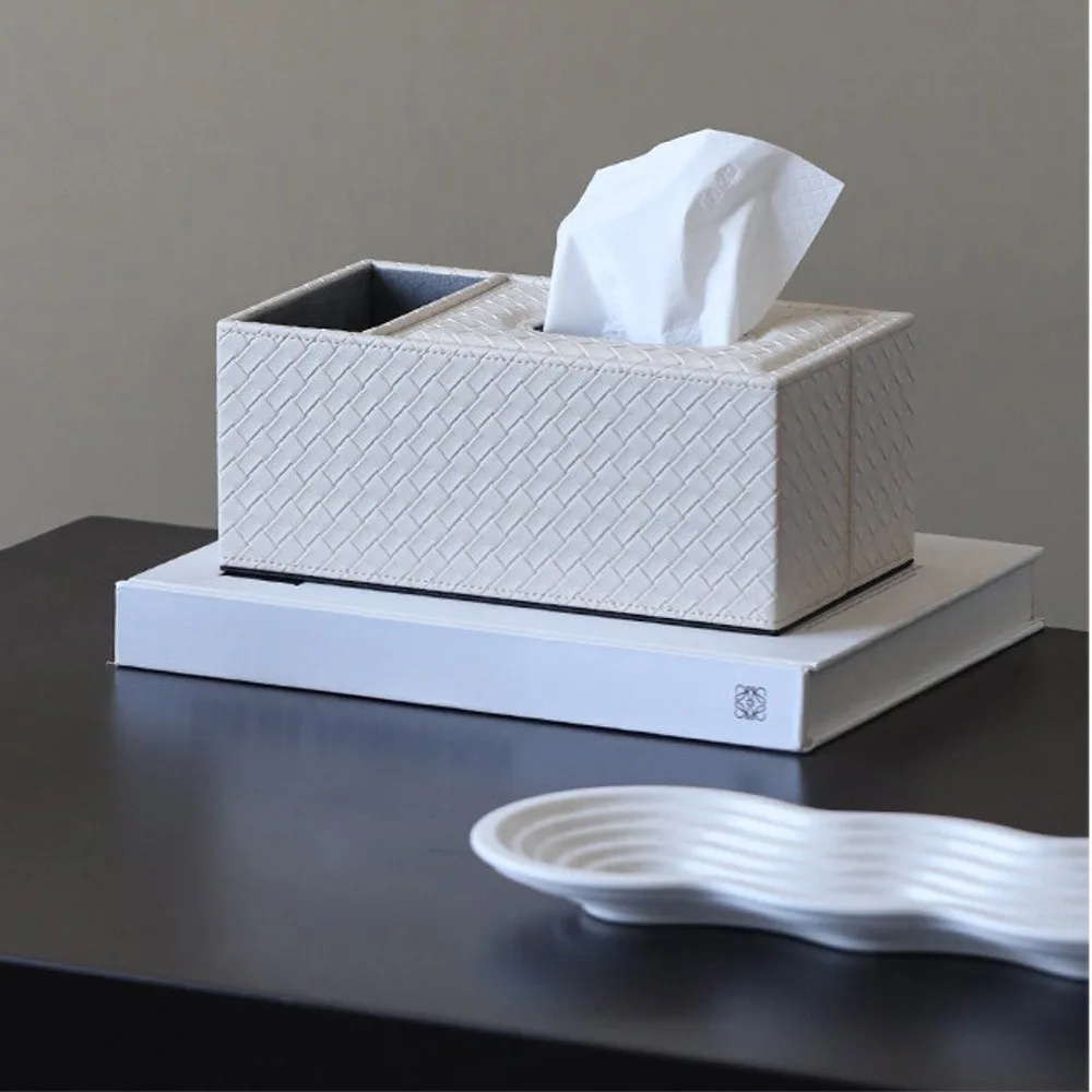 Woven Leather Tissue Box with Remote Storage, Beige or Grey in sand — front view