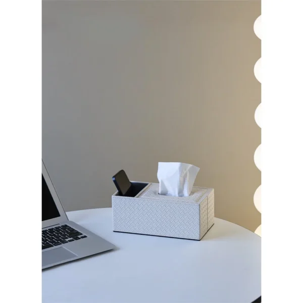Woven Leather Tissue Box with Remote Storage, Beige or Grey in sand — in a room setting