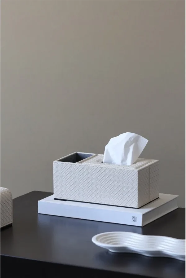 Woven Leather Tissue Box with Remote Storage, Beige or Grey in sand — in a room setting