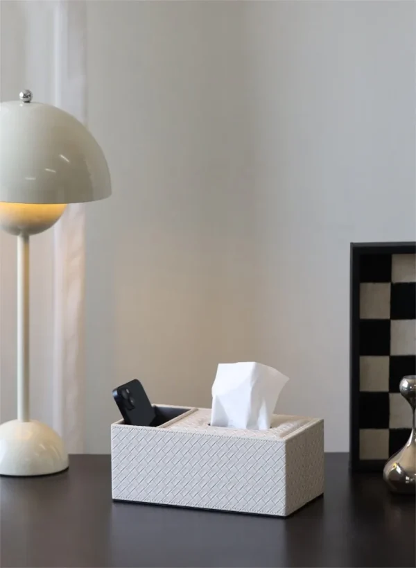 Woven Leather Tissue Box with Remote Storage, Beige or Grey in sand — in a room setting