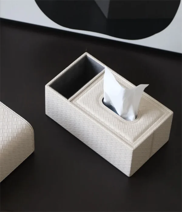 Woven Leather Tissue Box with Remote Storage, Beige or Grey in sand — in a room setting