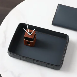 Leather Desk Tray and Pen Holder in Grey Tones — front view