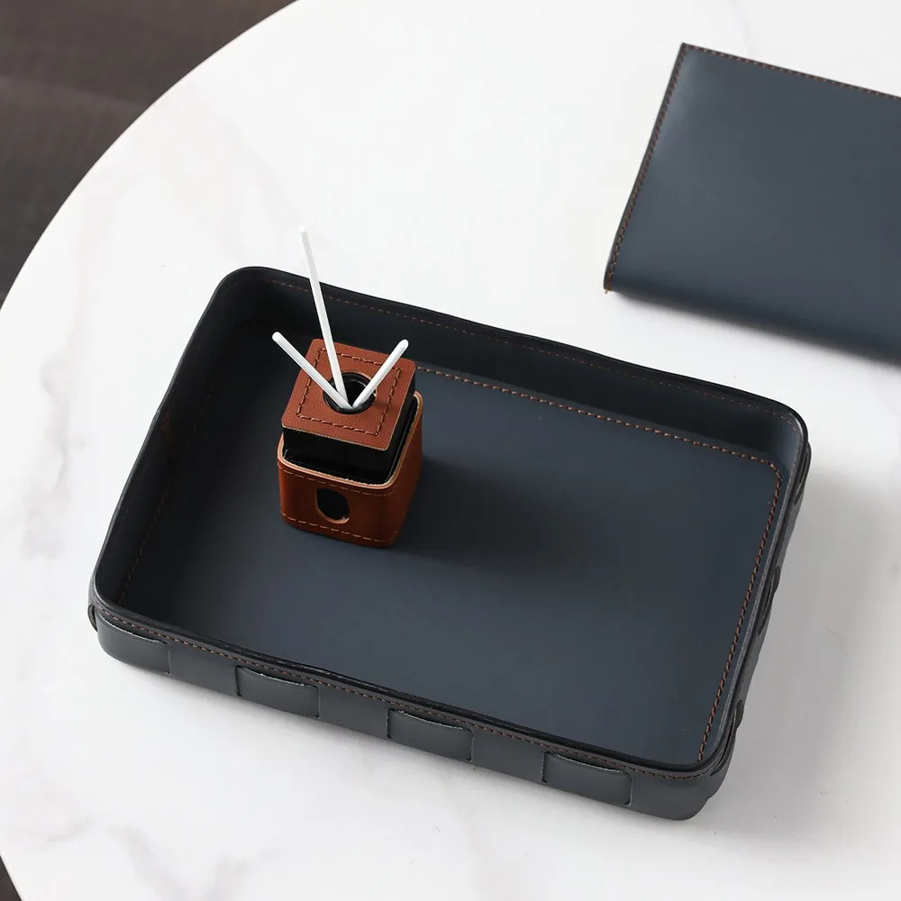 Leather Desk Tray and Pen Holder in Grey Tones — front view