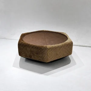 Hexagonal Leather and Plaid Fabric Coffee Table in clay — front view