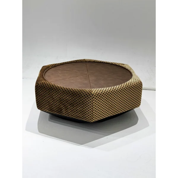 Hexagonal Leather and Plaid Fabric Coffee Table in clay — in a room setting