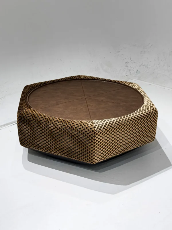 Hexagonal Leather and Plaid Fabric Coffee Table in clay — in a room setting