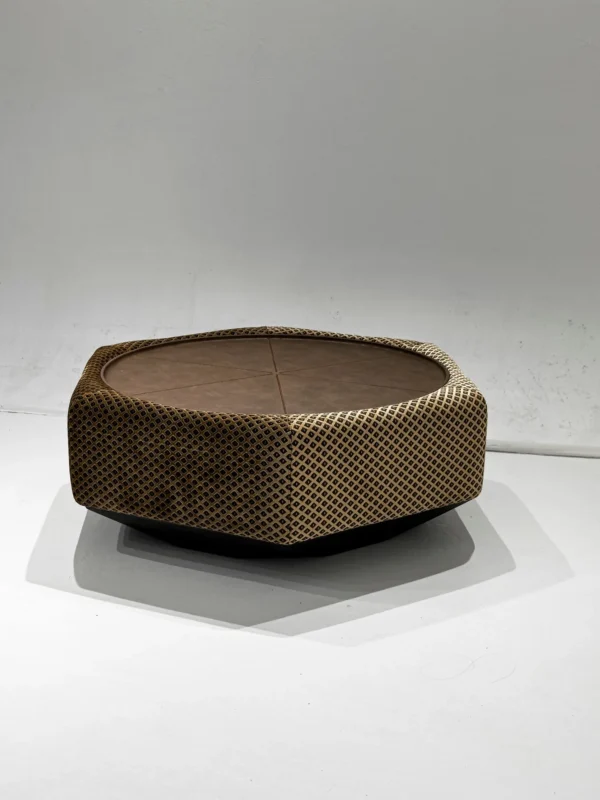 Hexagonal Leather and Plaid Fabric Coffee Table in clay — in a room setting