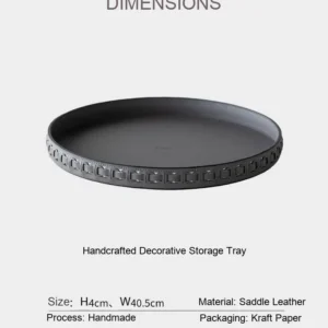 Round Black Leather Entryway Tray with Studded Rim in black — dimensions