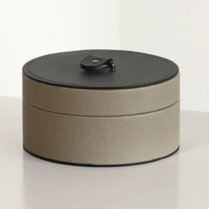 Cream Saffiano Leather Round Jewellery Box with Grey Lid in oatmeal — front view