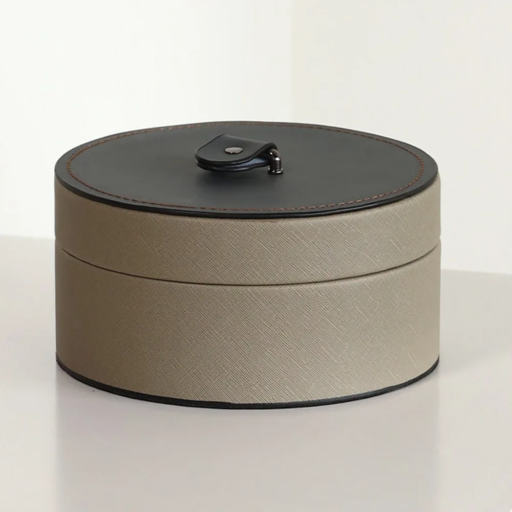 Cream Saffiano Leather Round Jewellery Box with Grey Lid in oatmeal — front view