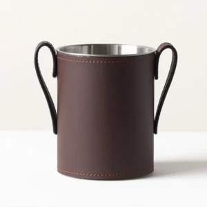 Leather-Wrapped Stainless Steel Ice Bucket with Loop Handles in clay — front view