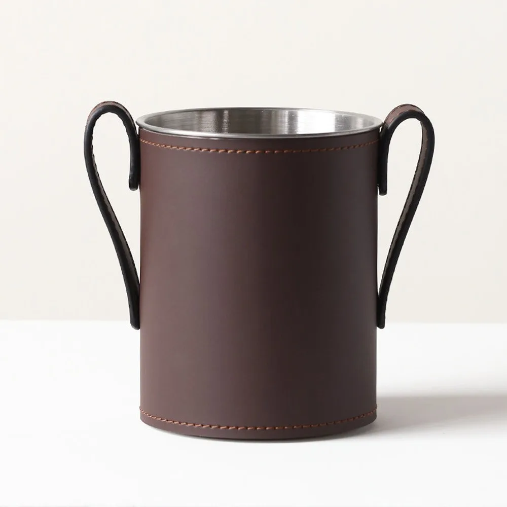 Leather-Wrapped Stainless Steel Ice Bucket with Loop Handles in clay — front view