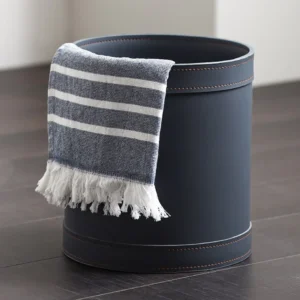 Navy Leather Round Storage Bin with Contrast Stitching in blue — front view
