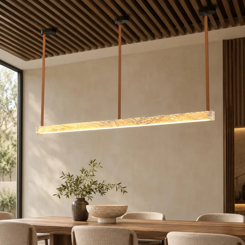 Leather Strap Textured Glass Column Linear Pendant Light in ivory — front view