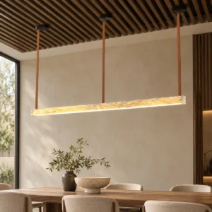 Leather Strap Textured Glass Column Linear Pendant Light in ivory — front view