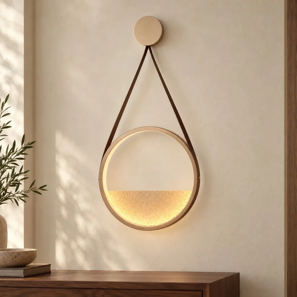 Leather Strap Halo Wall Light with Textured Half Disc in brushed brass — front view