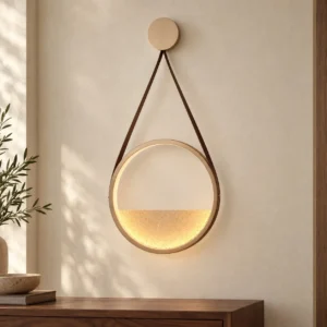 Leather Strap Halo Wall Light with Textured Half Disc in brushed brass — front view