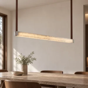 Leather Strap Alabaster-Effect Linear Pendant Light, 120 or in sand — front view