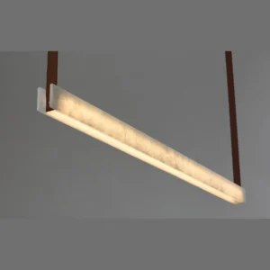Leather Strap Alabaster-Effect Linear Pendant Light, 120 or in sand — in a room setting